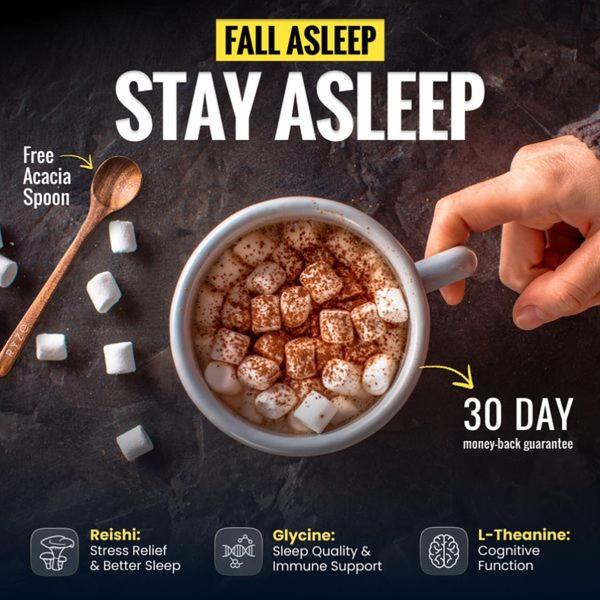 A top-down, cozy lifestyle shot of a warm mug with marshmallows, highlighting sleep-enhancing ingredients and a satisfaction guarantee.